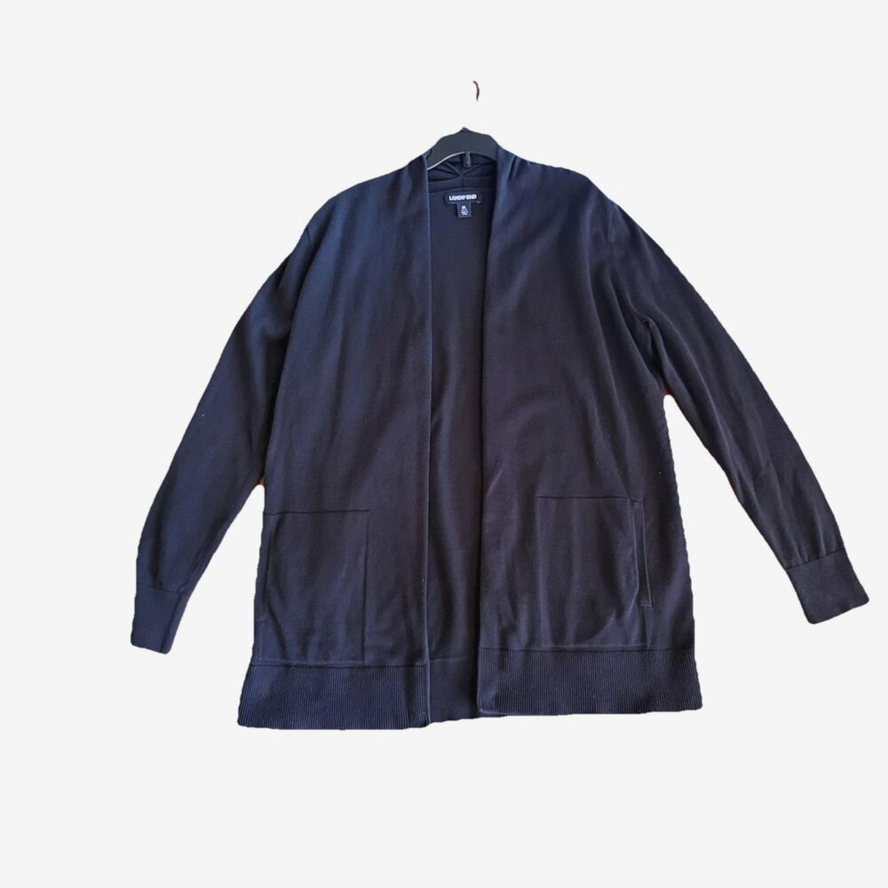 Lands End Womans Open Cardigan M 10-12 Blue 100% Cotton Pockets Collared